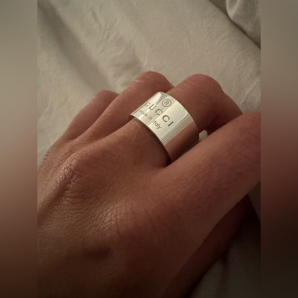 Gucci Wide Band Sterling 925 Silver Signature Logo Ring - Size 6